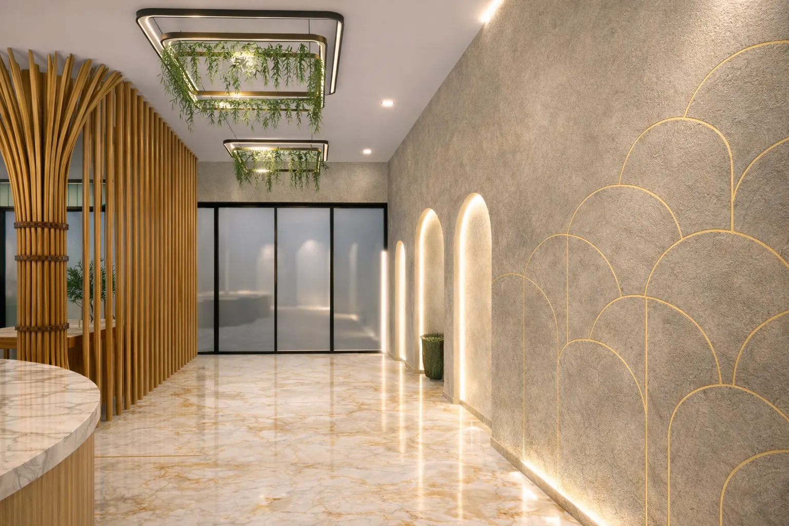 Elegant salon corridor with bamboo accents and hanging greenery
