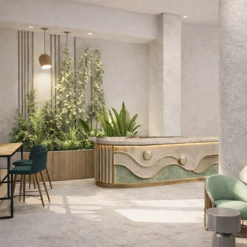 Reception desk with wave pattern design and tropical plants