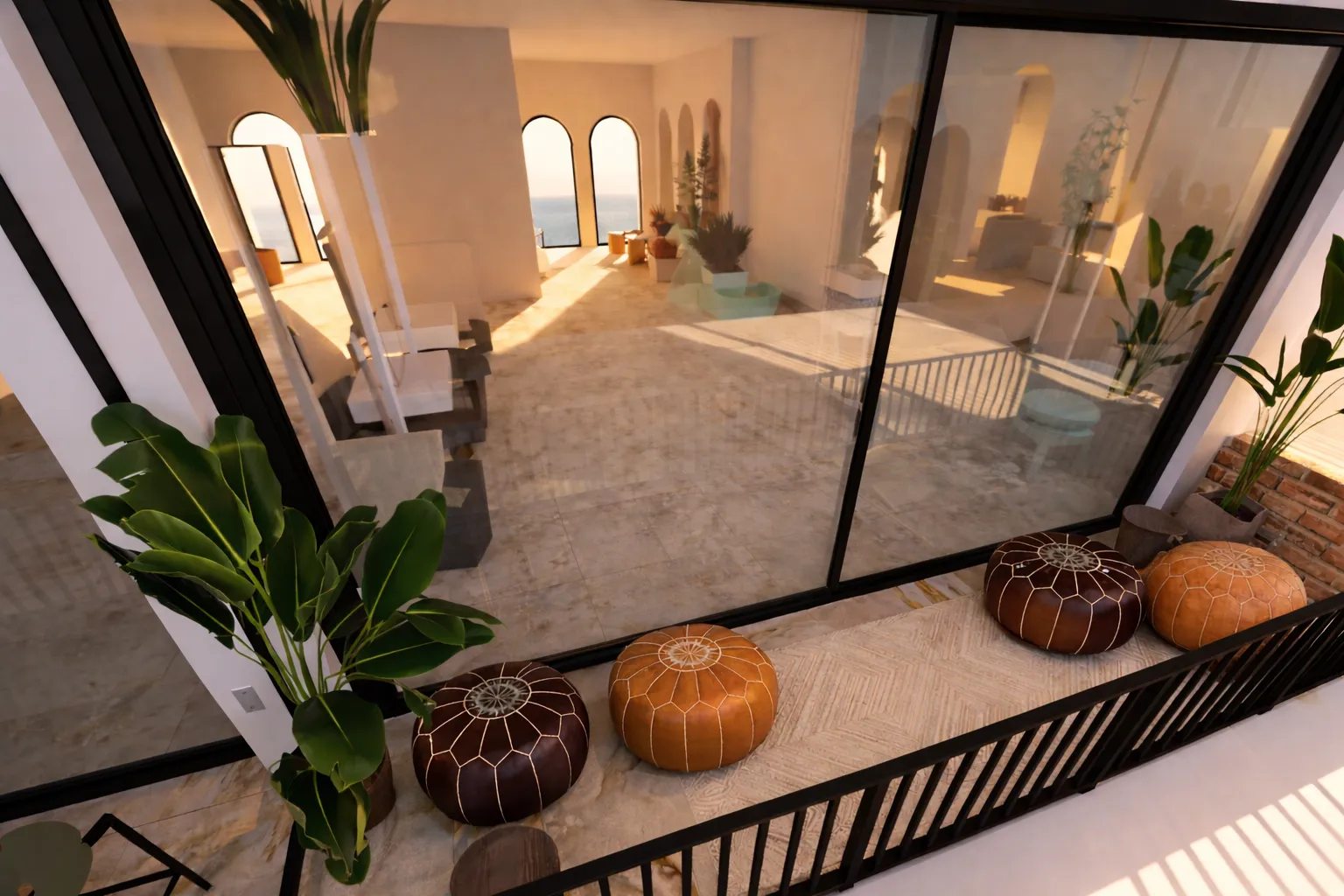 Open terrace with ocean sunset view and tropical plants in Uluwatu, Bali